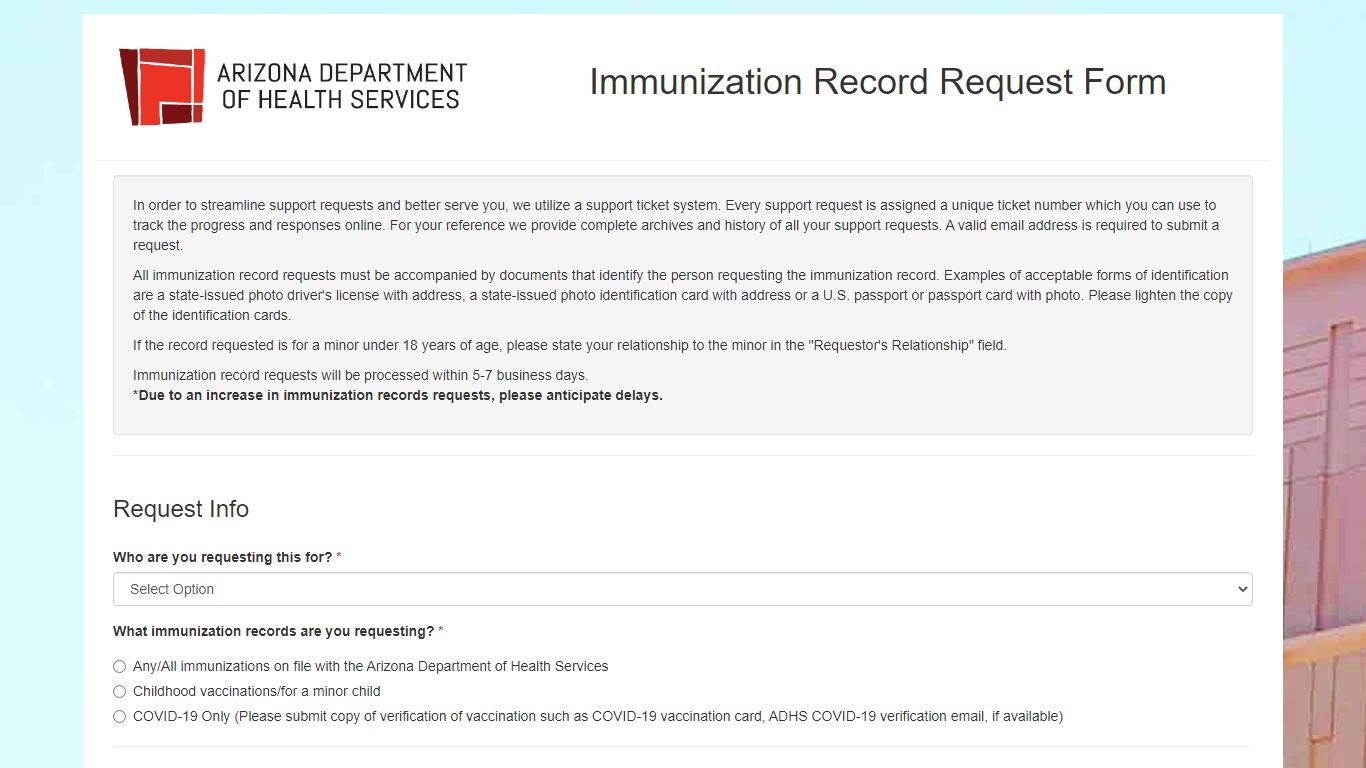 Arizona Department Of Health Services - Immunization Record Request Form